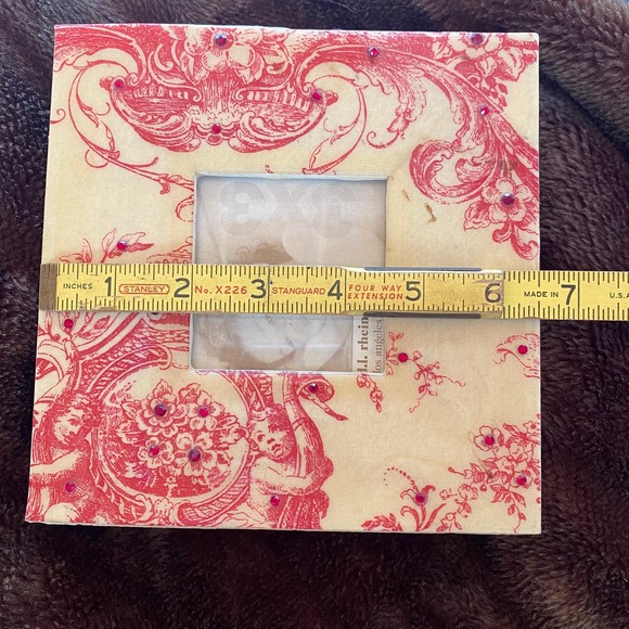 D. L. Rhein Red Toile Print & Crystals on Pale Yellow 6-3/4” Square Frame - Picture 7 of 8